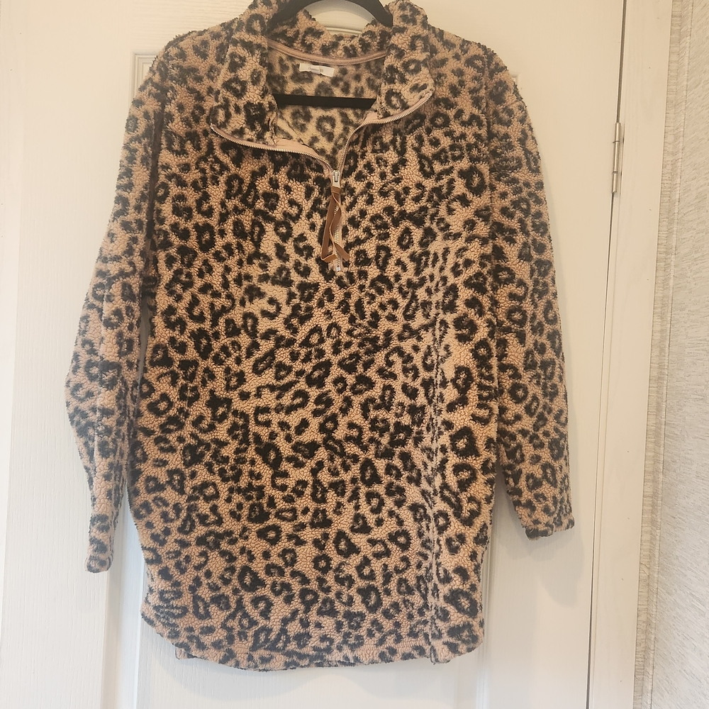 Maurices Leopard Sherpa Quarter-Zip Pullover - Tan & Black Size XL Euc